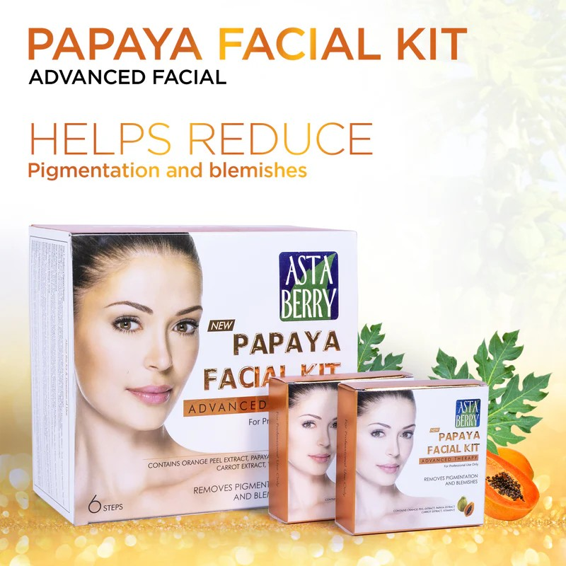 Astaberry Papaya Facial Kit 12 Pouch Set for All Skin Types (6 Steps) - Advanced Therapy | Professional Facial Kit | Removes Blemishes & Pigmentation | Contains Papaya Extracts