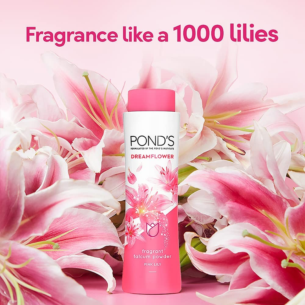 Pond’s Dreamflower, Pink Lily Fragrant Talcum Powder for Long-lasting Fragrance, with Vitamin B3, Glowing Skin, For Men & Women