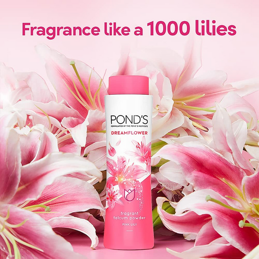 Pond’s Dreamflower, Pink Lily Fragrant Talcum Powder for Long-lasting Fragrance, with Vitamin B3, Glowing Skin, For Men & Women