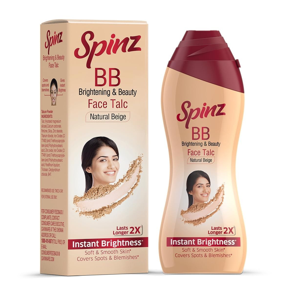 Spinz BB Brightening & Beauty Face Talc for Instant Brightness that Lasts 2X Longer, Covers Dark Spots and Blemishes, Gives Soft and Smooth Skin, (Natural Beige)