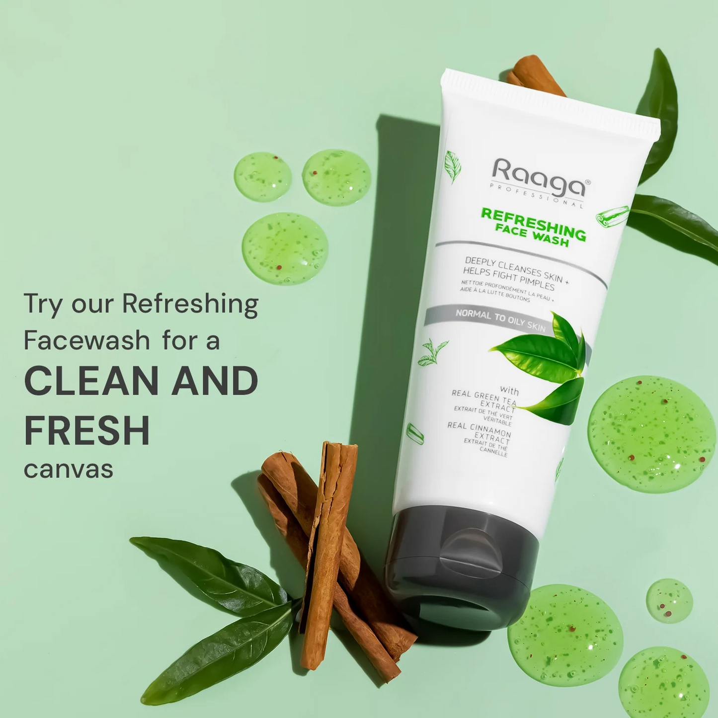 Raaga Professional Refreshing Facewash with Green Tea Extract and Cinnamon Extract | For Normal to Oily Skin | Deeply Cleanses Skin & Helps Fight Pimples (80 ml)