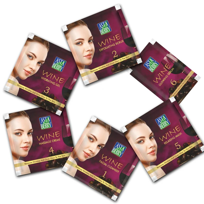 ASTABERRY Wine Professional Facial Kit 12 Pouch Set (6 Steps) For All Skin Types - Remove Wrinkles & Glowing Skin, Goodness Of Red Grape Extracts, Aloe Vera Extract & Olive Oil