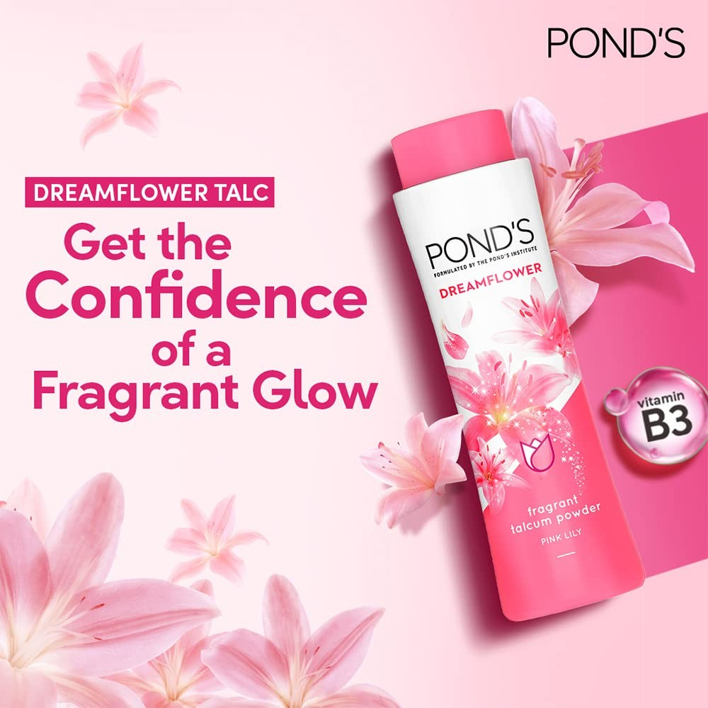 Pond’s Dreamflower, Pink Lily Fragrant Talcum Powder for Long-lasting Fragrance, with Vitamin B3, Glowing Skin, For Men & Women