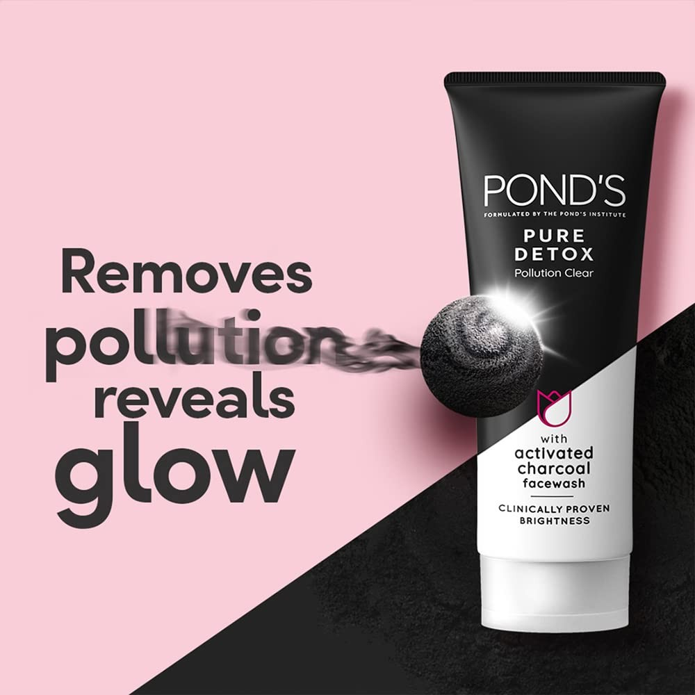 POND'S Pure Detox Face Wash || Daily Exfoliating & Brightening Cleanser|| Deep Cleans Oily Skin - With Activated Charcoal for Fresh|| Glowing Skin