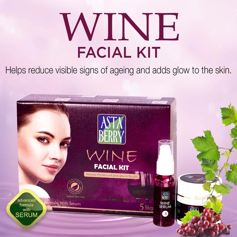 ASTABERRY Wine Professional Facial Kit For All Skin Types - Remove Wrinkles & Glowing Skin, Goodness Of Red Grape Extracts, Aloe Vera Extract & Olive Oil