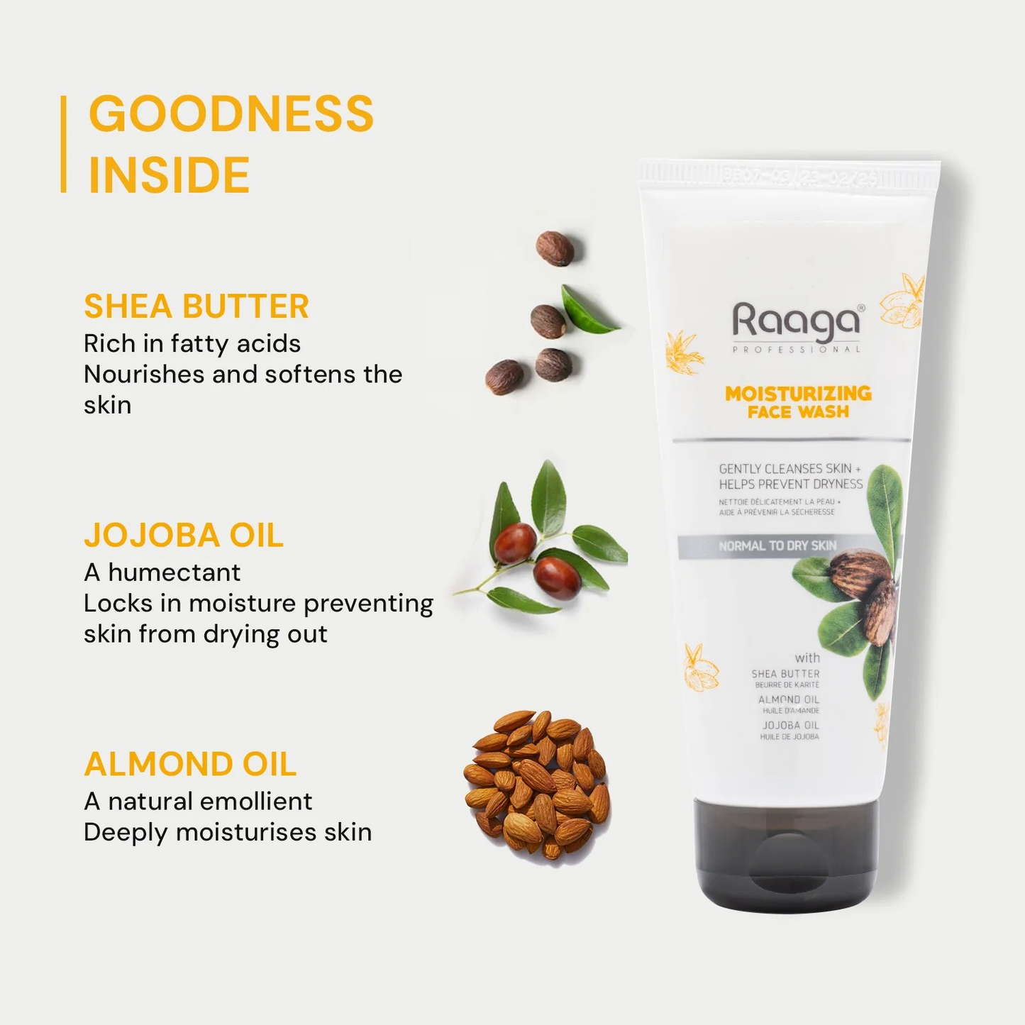 Raaga Professional Moisturizing Facewash, with Shea Butter, Jojoba and Almond Oil, 80ml, Gently Cleanses Skin, Removes dirt and impurities, for Normal to Dry Skin