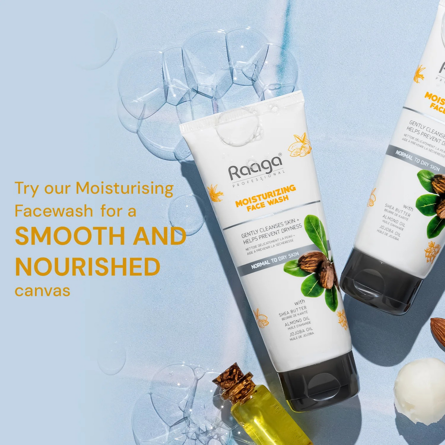 Raaga Professional Moisturizing Facewash, with Shea Butter, Jojoba and Almond Oil, 80ml, Gently Cleanses Skin, Removes dirt and impurities, for Normal to Dry Skin