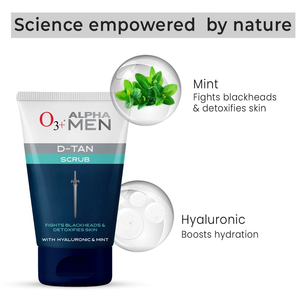 O3+ ALPHA MEN Acno D-TAN Scrub With Hyaluronic & Mint - Detan Scrub for TAN removal | Fights Blackheads & Detoxifies Skin 50ml