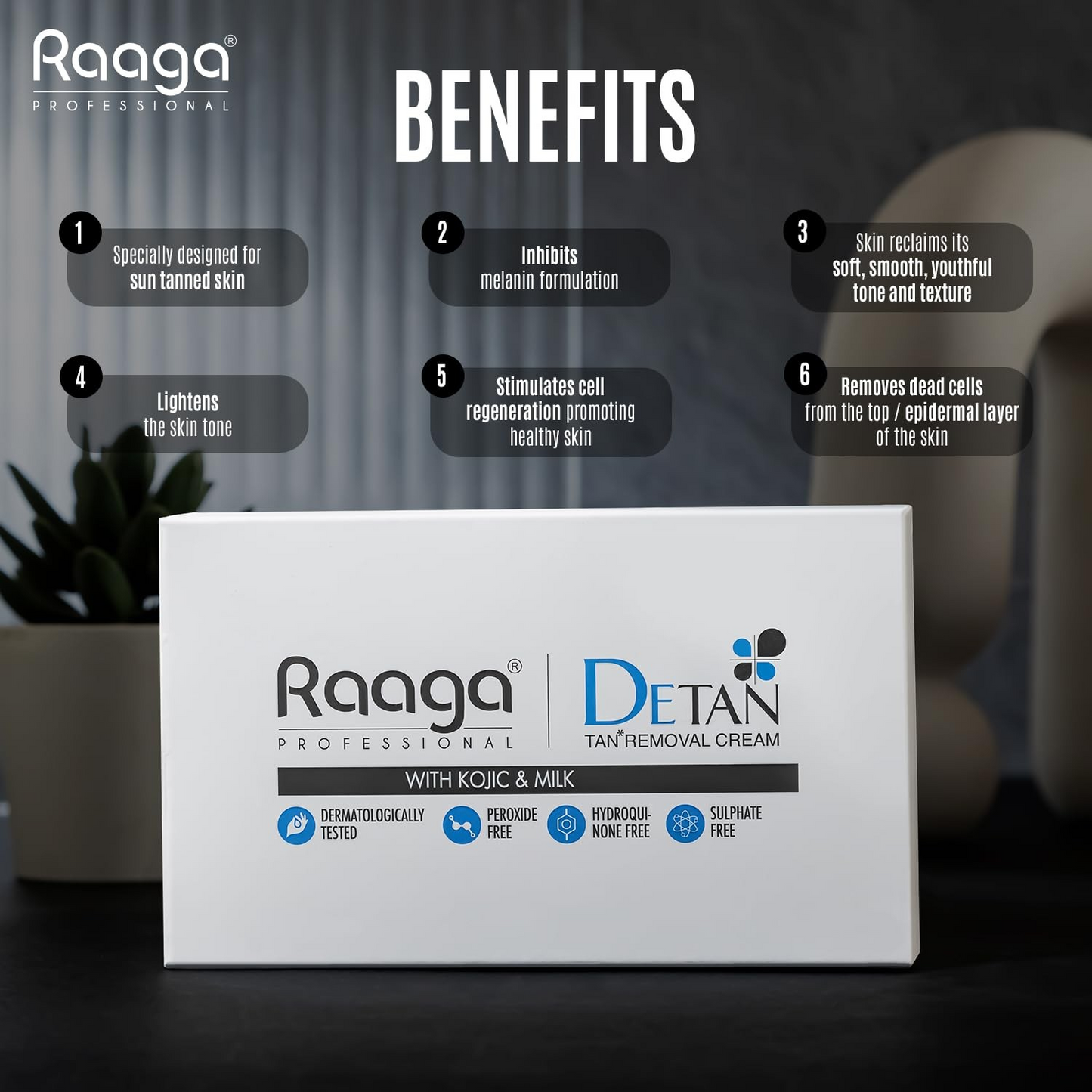 Raaga Professional De-Tan Pack | Tan Removal Cream with Kojic and Milk | Dermatologically Tested, Peroxide Free, Hydroquinone Free, Sulphate Free - 12g x 6 (72 gm)