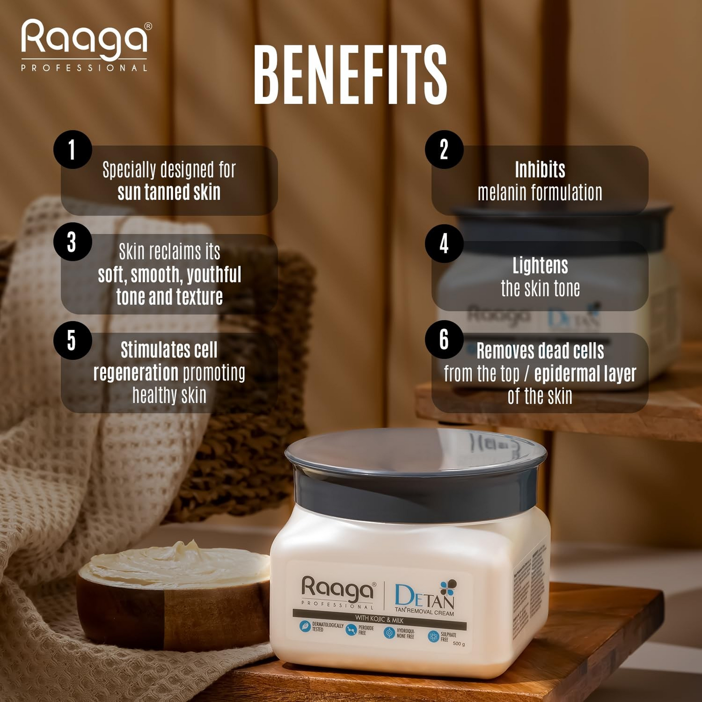 Raaga Professional De-Tan Pack | Tan Removal Cream with Kojic and Milk | Dermatologically Tested, Peroxide Free, Hydroquinone Free, Sulphate Free (500 gm)